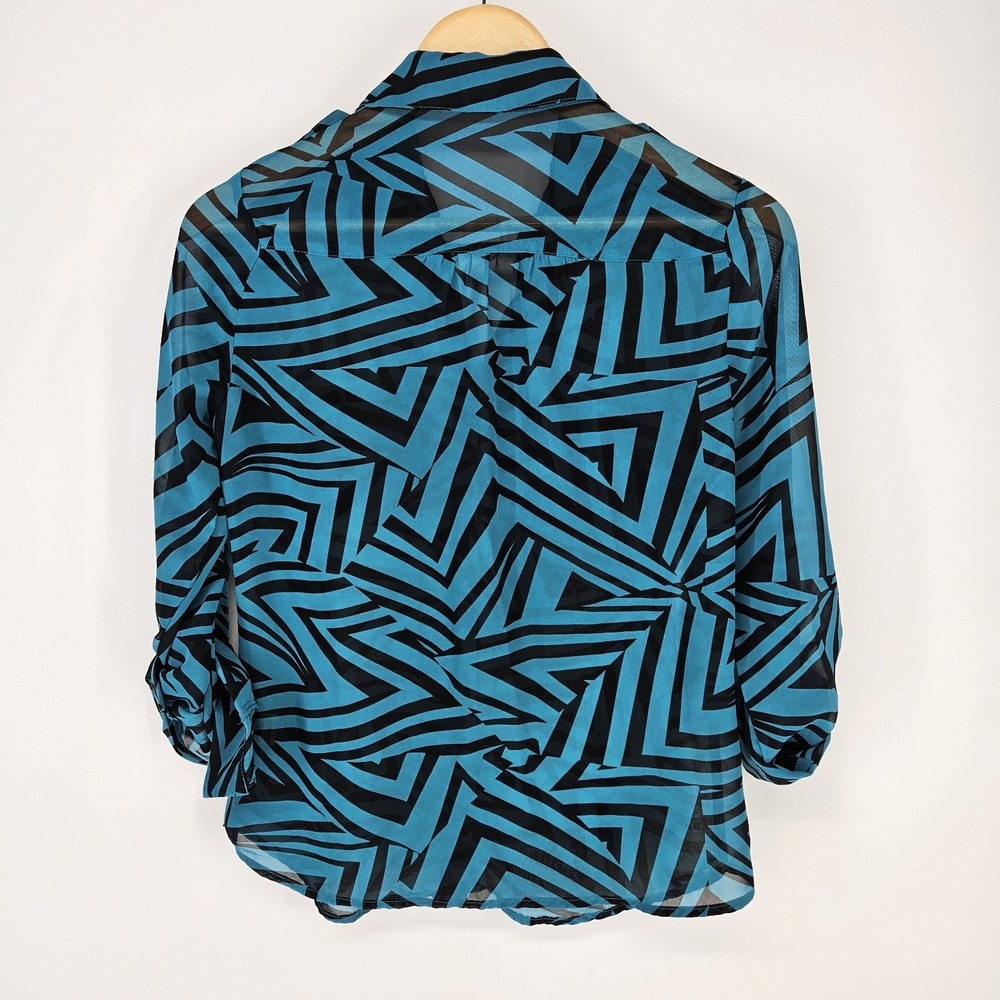 Timing Button Down Women S Blue Geometric Sheer Roll Tab Sleeve Blouse Shirt - Picture 5 of 7